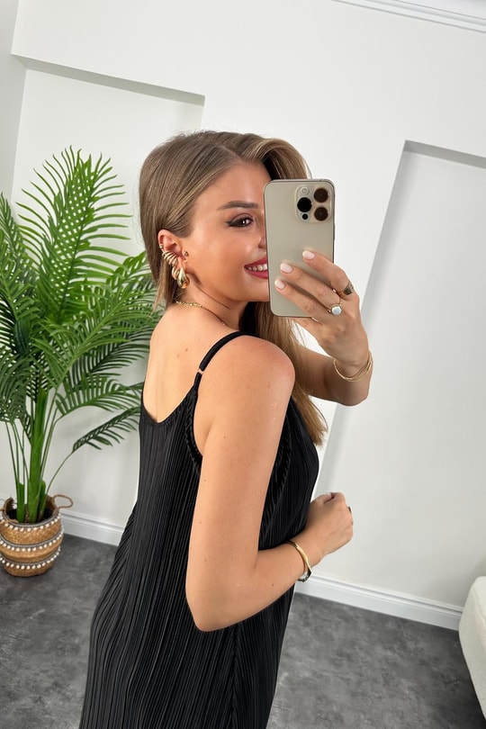 Bebe Plus Pliseli İp Askılı Tam Boy Likra Elbise Siyah   