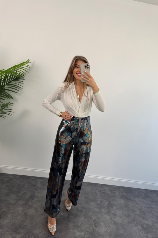 Bebe Plus Premium Seri Likralı Renkli Pul Payet Palazzo Pantolon