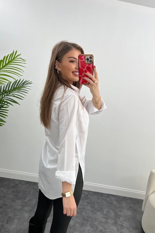 Bebe Plus Yanı Yırtmaçlı Uzun Poplin Gömlek