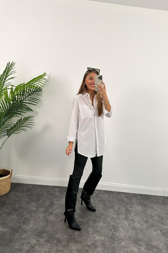 Bebe Plus Yanı Yırtmaçlı Uzun Poplin Gömlek