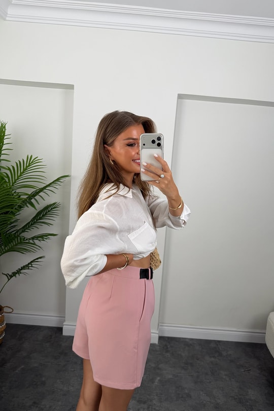 Beli Yandan Kemerli Double Kumaş Şort Pastel Pembe