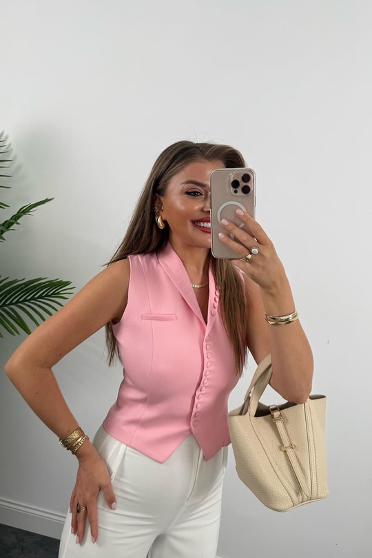 Çok Düğmeli Premium Seri Klasik Kumaş Yelek Pembe