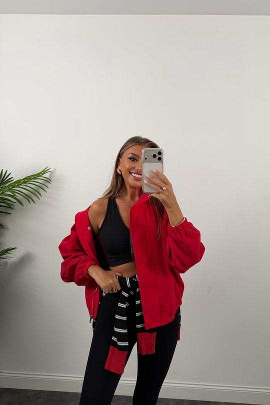 Dik Yaka Basic Bomber Mont Kırmızı