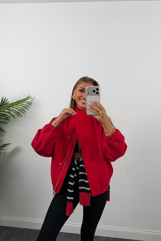 Dik Yaka Basic Bomber Mont Kırmızı