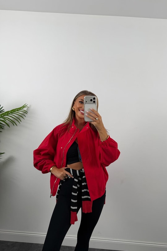 Dik Yaka Basic Bomber Mont Kırmızı