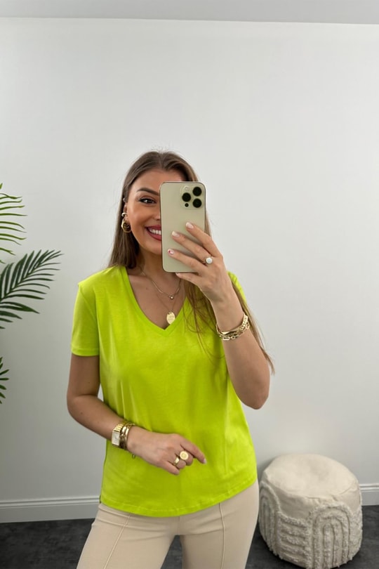Dilvin Tam Pamuklu V Yaka Basic Tshirt Lime