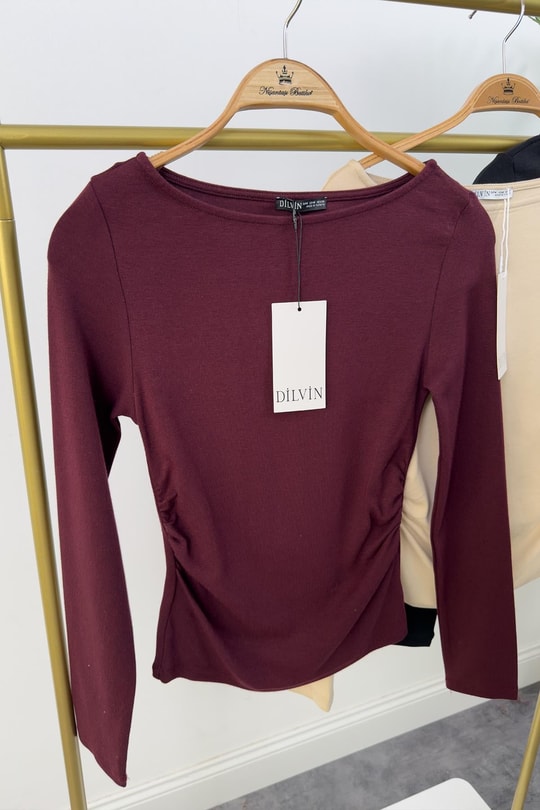 Dilvin Yanı Büzgülü Kayık Yaka Lüx Basic Bordo