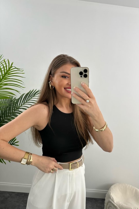 Double Kumaş Likralı Halter Yaka Crop Bluz Siyah