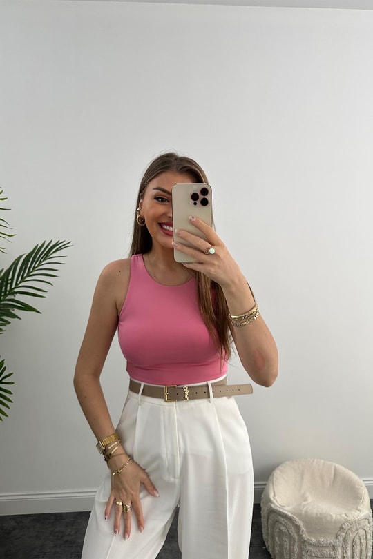 Double Kumaş Likralı Halter Yaka Crop Bluz Barbie Pembe