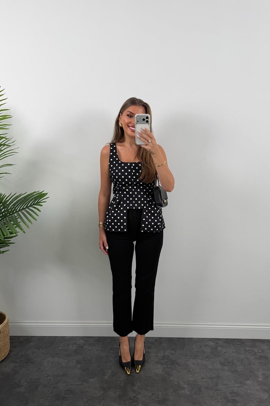 Double Kumaş Puantiyeli Kare Yak Peplum Bluz Siyah