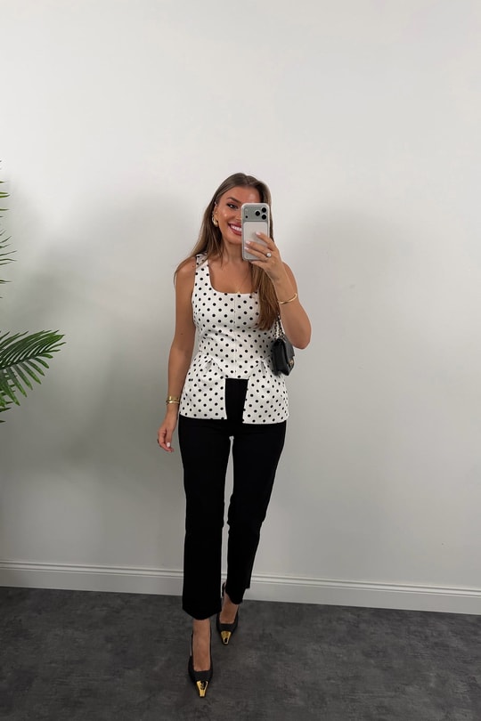 Double Kumaş Puantiyeli Kare Yak Peplum Bluz Beyaz