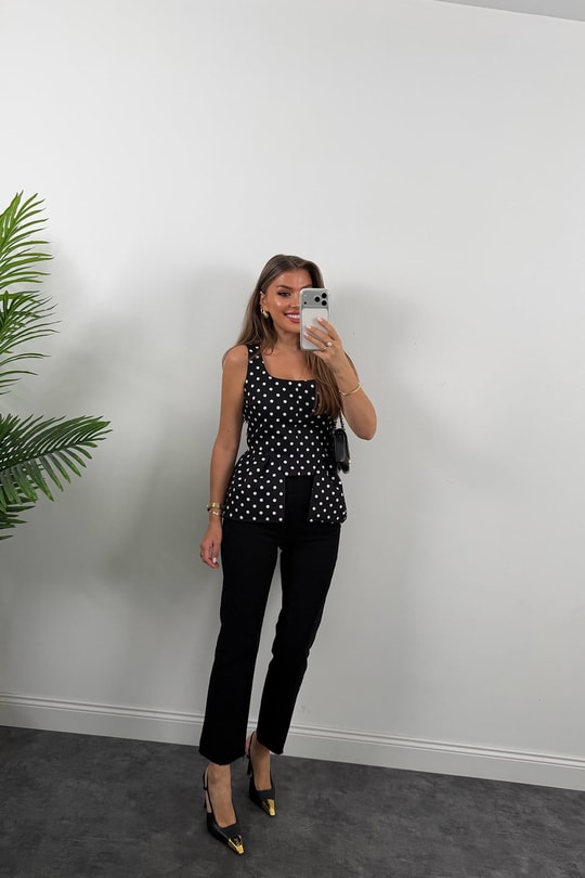 Double Kumaş Puantiyeli Kare Yak Peplum Bluz Siyah