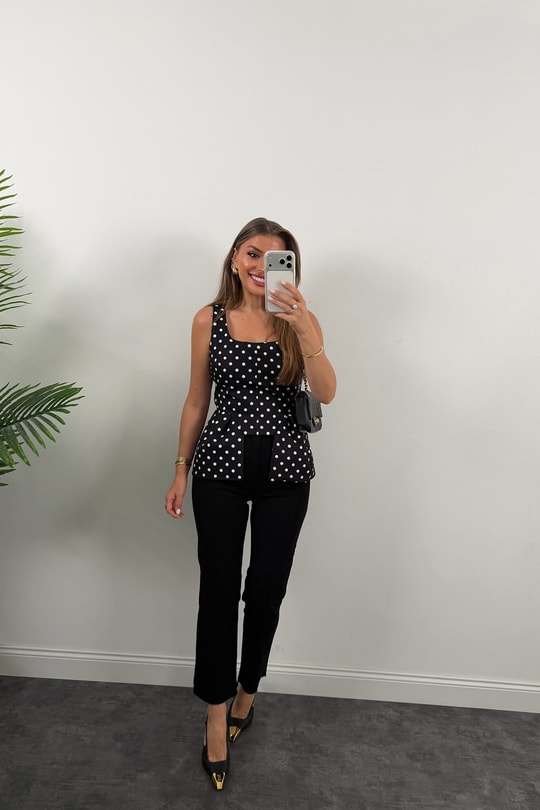Double Kumaş Puantiyeli Kare Yak Peplum Bluz Siyah