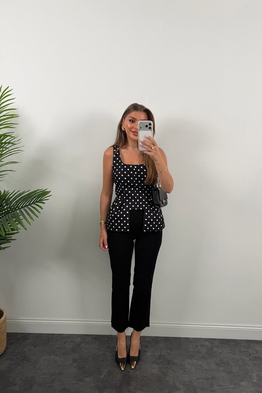 Double Kumaş Puantiyeli Kare Yak Peplum Bluz Siyah