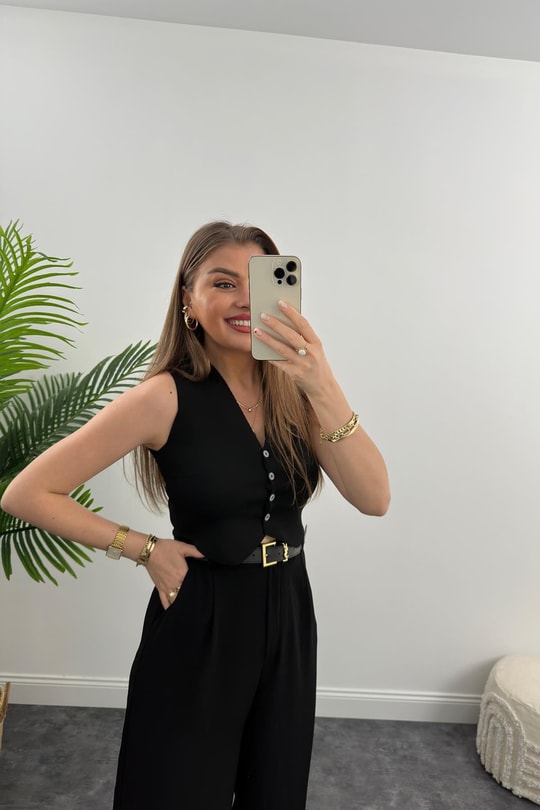 Elit Triko Basic Düğmeli Yelek Siyah
