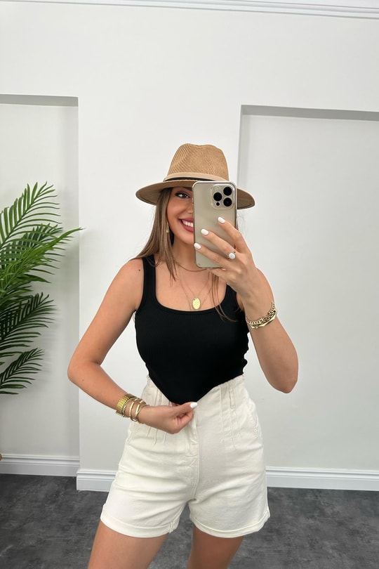 Elit Triko Kare Yaka Fitilli Crop Top Siyah