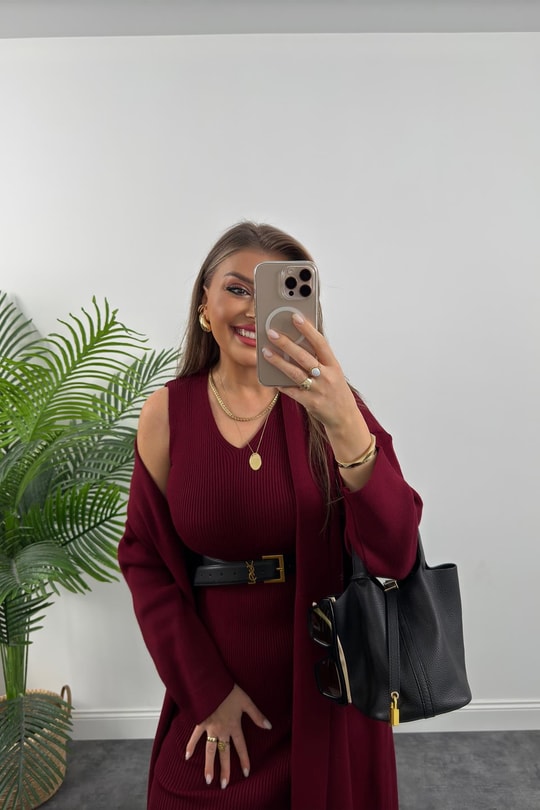 Elit Triko Uzun Hırka Elbise Takım Bordo