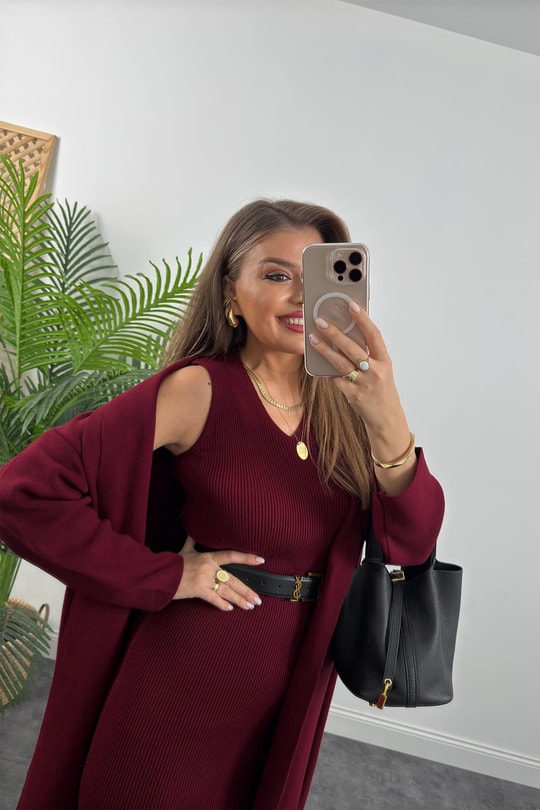 Elit Triko Uzun Hırka Elbise Takım Bordo