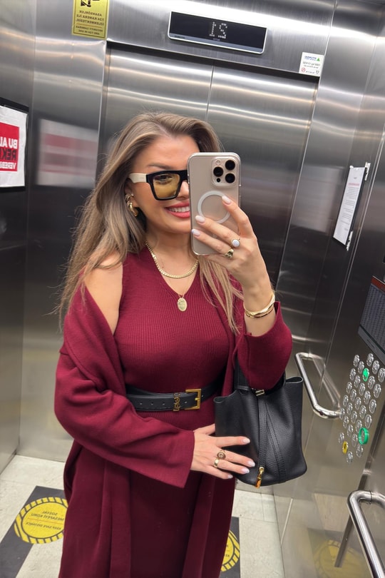 Elit Triko Uzun Hırka Elbise Takım Bordo