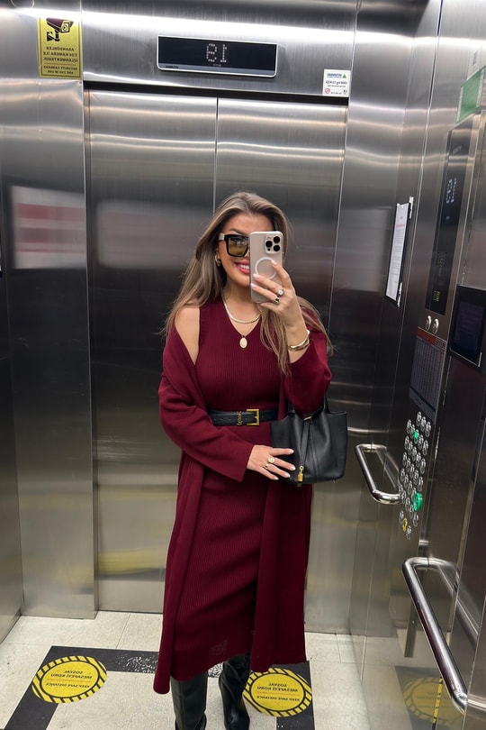 Elit Triko Uzun Hırka Elbise Takım Bordo