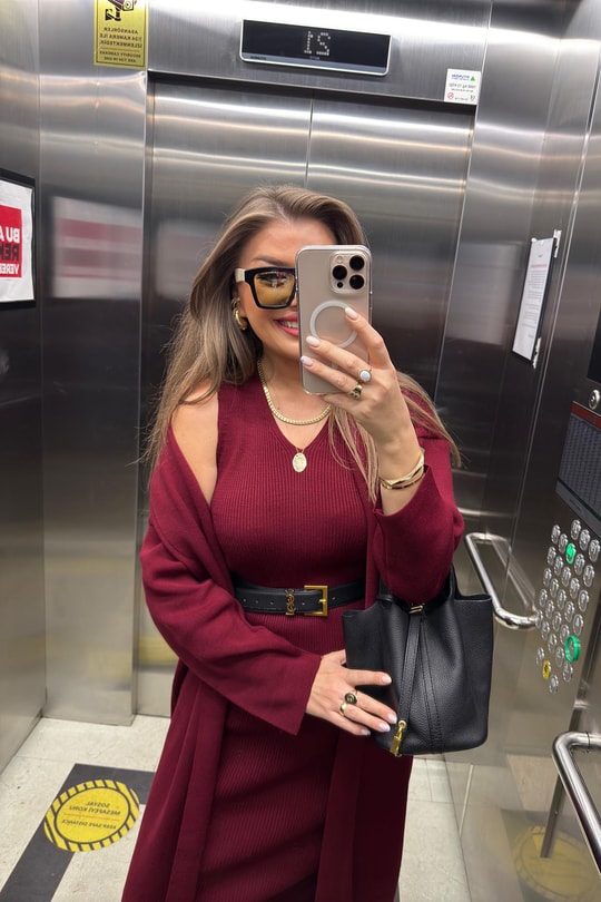 Elit Triko Uzun Hırka Elbise Takım Bordo