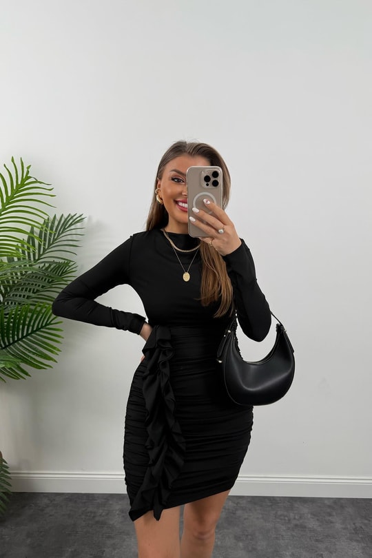 Eteği Drape Fırfırlı Likralı Sanddy Elbise Siyah