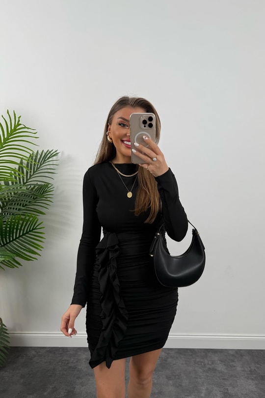 Eteği Drape Fırfırlı Likralı Sanddy Elbise Siyah