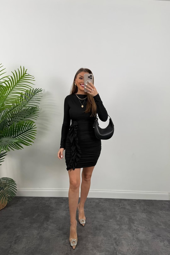 Eteği Drape Fırfırlı Likralı Sanddy Elbise Siyah