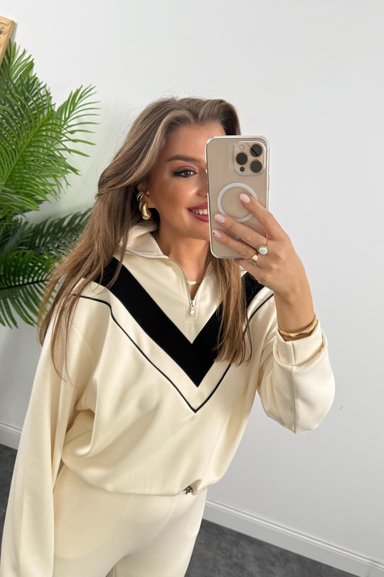 Fermuarlı Şeritli 1. Sınıf Kalite Oysh Model Modal Kumaş Takım Krem