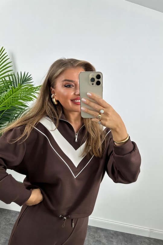 Fermuarlı Şeritli 1. Sınıf Kalite Oysh Model Modal  Kumaş Takım Kahverengi