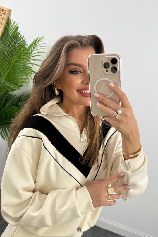 Fermuarlı Şeritli 1. Sınıf Kalite Oysh Model Modal Kumaş Takım Krem