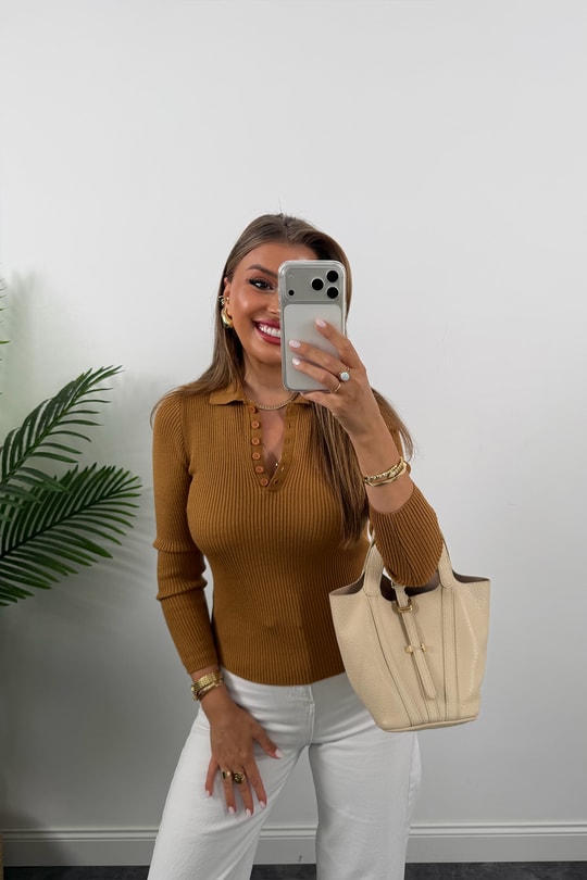 Fitilli Polo Yaka İnce Triko Camel
