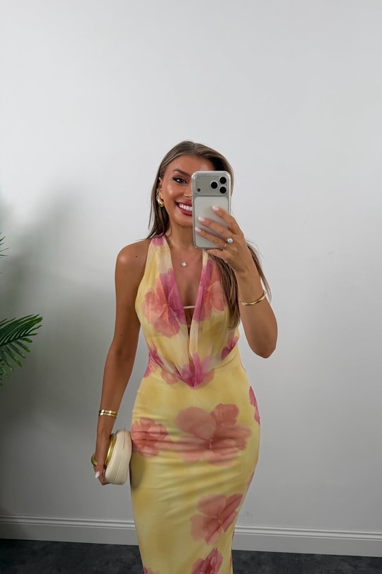 Floral Desen Likralı Maxi Tül Elbise Sarı Pembe