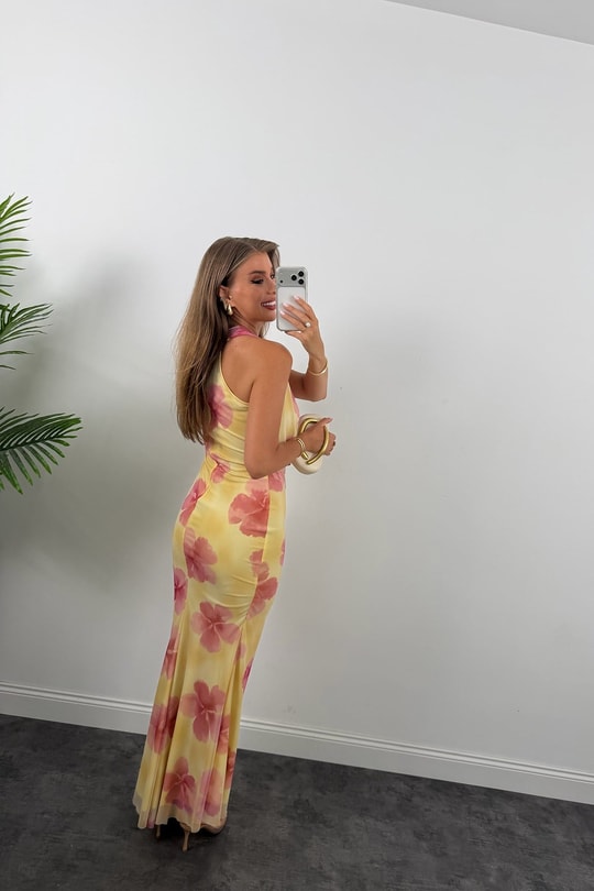 Floral Desen Likralı Maxi Tül Elbise Sarı Pembe