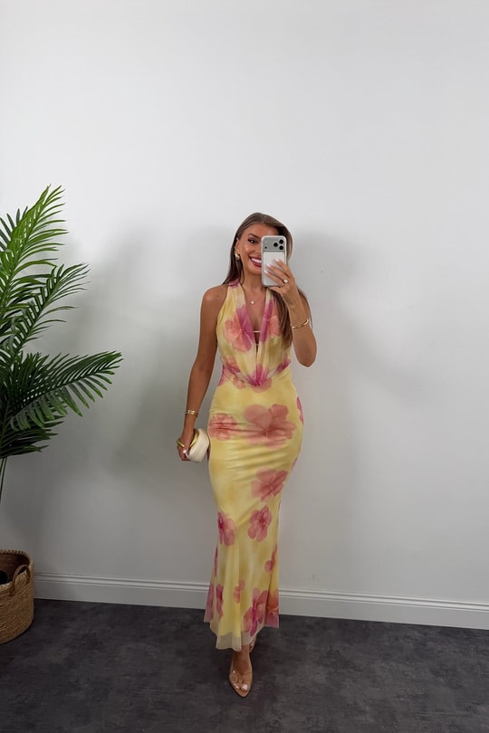 Floral Desen Likralı Maxi Tül Elbise Sarı Pembe