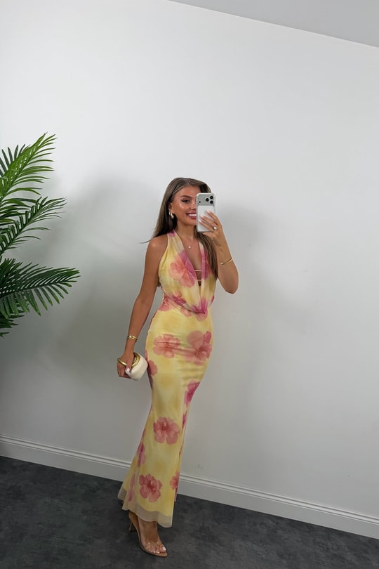Floral Desen Likralı Maxi Tül Elbise Sarı Pembe