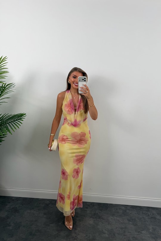 Floral Desen Likralı Maxi Tül Elbise Sarı Pembe