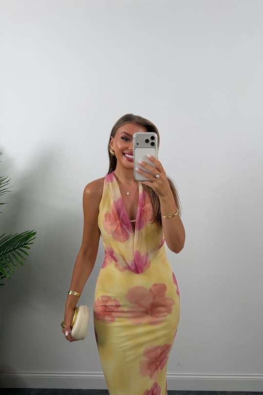 Floral Desen Likralı Maxi Tül Elbise Sarı Pembe