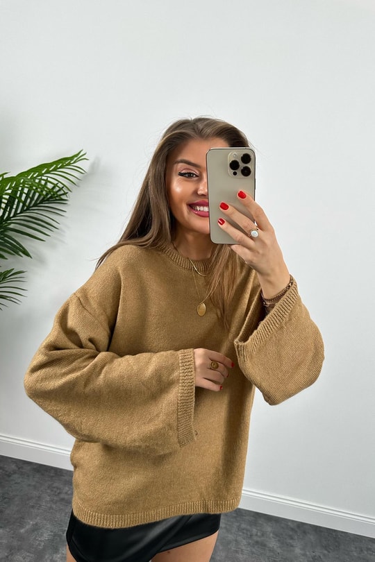 Geniş Kol Basic Yumoş Salaş Kazak Camel