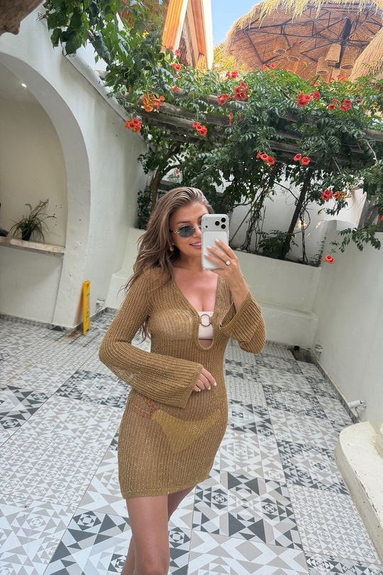 Gold Işıltılı Triko Plaj Elbisesi