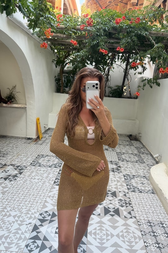 Gold Işıltılı Triko Plaj Elbisesi