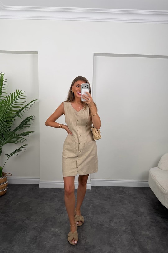 Ham Keten Basic Kalem Elbise Natural Taş
