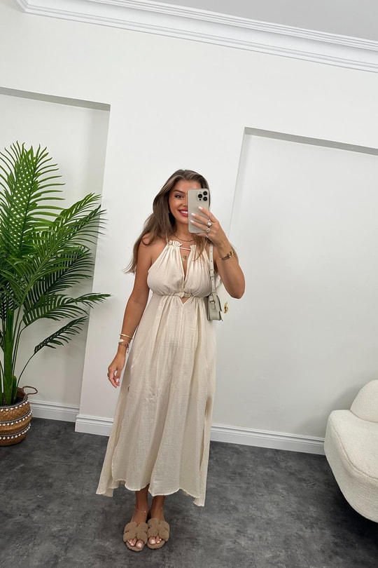 Helen Çift Yırtmaçlı Tasarım Müslin Maxi Elbise Naturel 