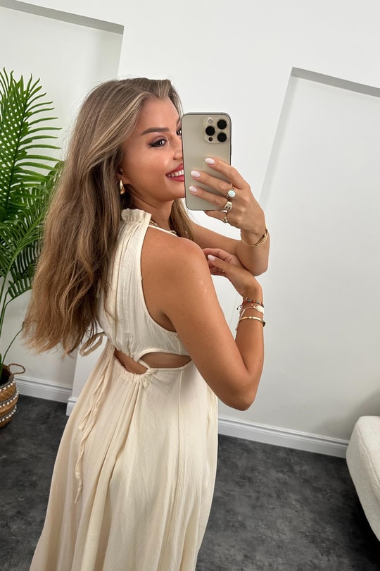 Helen Çift Yırtmaçlı Tasarım Müslin Maxi Elbise Naturel 