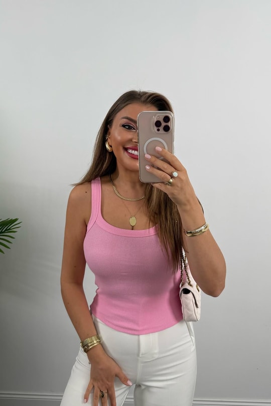 İnce Askılı U Yaka Fitilli Basic Atlet Pembe