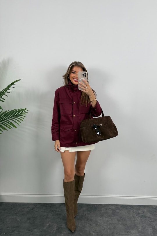İngiliz Model Lüx Kalite 4 Cepli Parka Trençkot Bordo