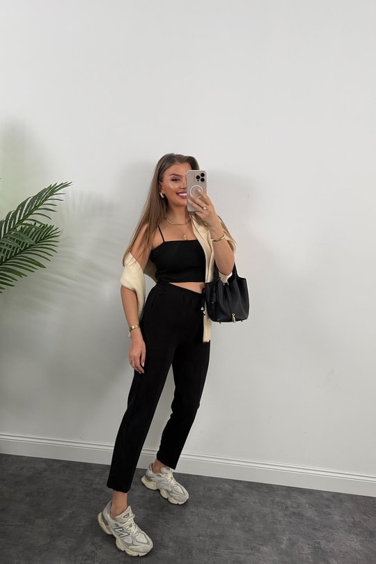 İthal Kumaş Beli Lastikli Atlas Jogger Pantolon Siyah
