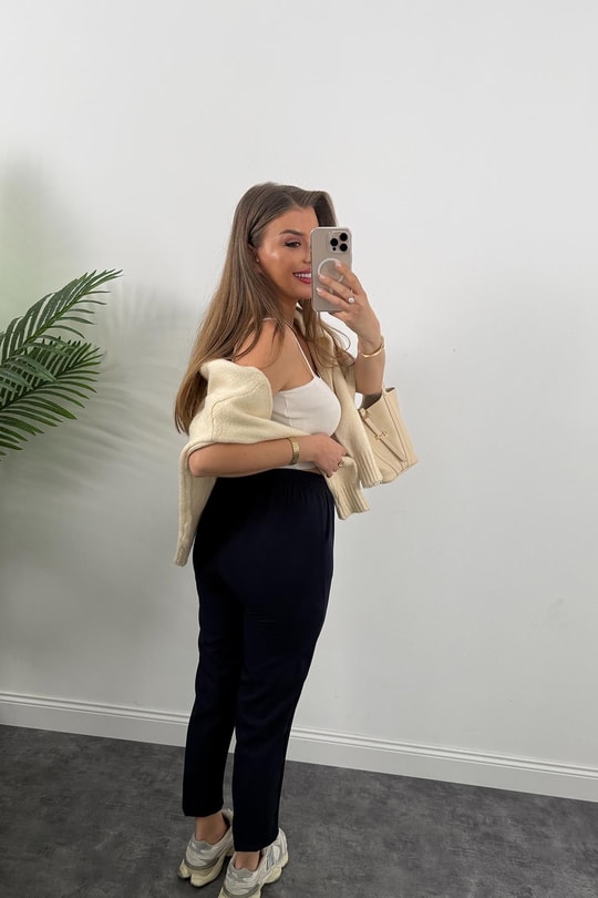 İthal Kumaş Beli Lastikli Atlas Jogger Pantolon Lacivert