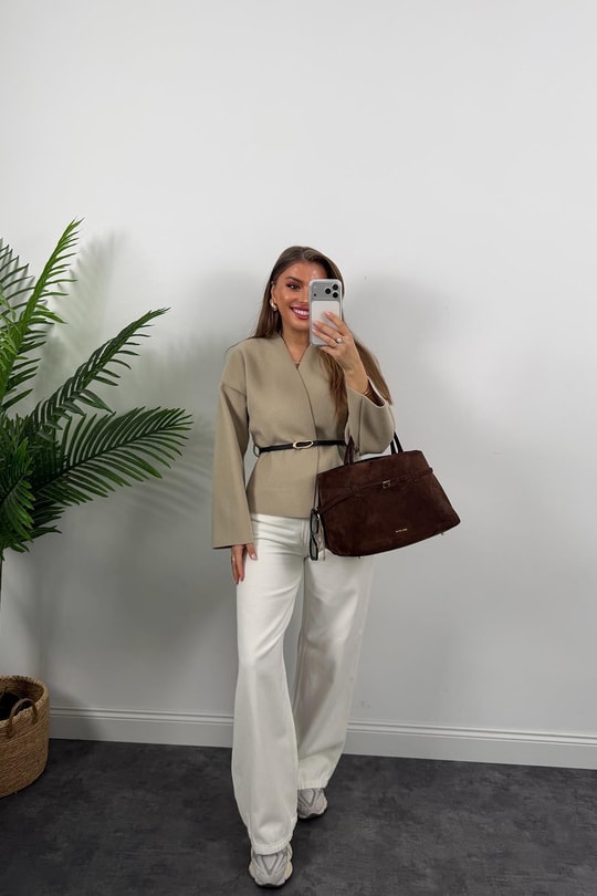 Kemerli Kaşe Kimono Ceket Bej
