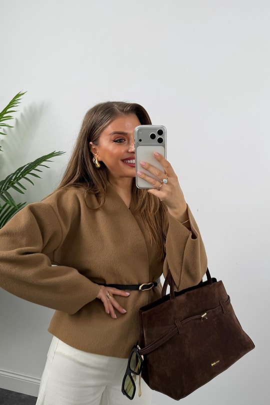 Kemerli Kaşe Kimono Ceket Camel